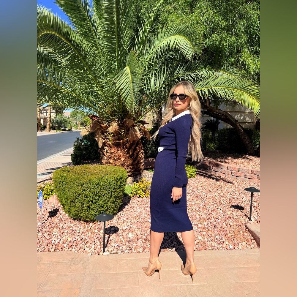 228 ‘Alex’ Elegant Navy Blue Button-Up Dress - Picture 3 of 8